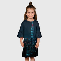Платье клеш для девочки Ночной неоновый город, цвет: 3D-принт — фото 2