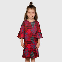 Платье клеш для девочки Красный лоскутный узор пэчворк, цвет: 3D-принт — фото 2
