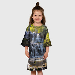 Платье клеш для девочки Водопад, солнечные лучи и лес, цвет: 3D-принт — фото 2