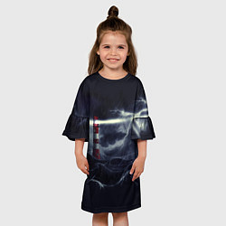 Платье клеш для девочки Маяк и штормовое море в ночи, цвет: 3D-принт — фото 2