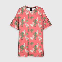 Платье клеш для девочки Три забавных альпака среди кактусов, цвет: 3D-принт