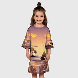 Платье клеш для девочки Лодка в море на закате возле тропических островов, цвет: 3D-принт — фото 2