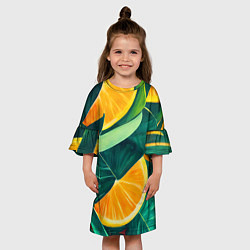 Платье клеш для девочки Листья монстеры и дольки апельсинов, цвет: 3D-принт — фото 2
