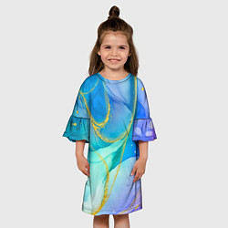 Платье клеш для девочки Абстракция в разных оттенках синего с золотыми нит, цвет: 3D-принт — фото 2