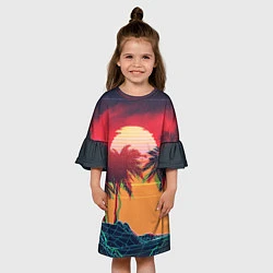 Платье клеш для девочки Пальмы и пляж на закате с помехами VHS ретро дизай, цвет: 3D-принт — фото 2