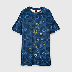 Платье клеш для девочки Желтые и синие звезды на синем фоне, цвет: 3D-принт