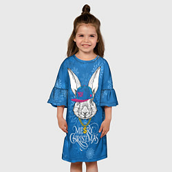 Платье клеш для девочки Merry Christmas, rabbit in cap, цвет: 3D-принт — фото 2