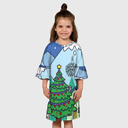Платье клеш для девочки Новогодний украшенный город, цвет: 3D-принт — фото 2