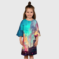 Платье клеш для девочки Разъяренный город, цвет: 3D-принт — фото 2