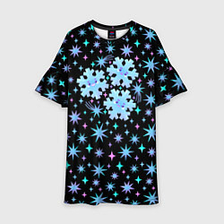 Платье клеш для девочки Снежинки в ночном небе с цветными звездами, цвет: 3D-принт