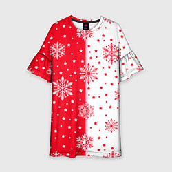Платье клеш для девочки Рождественские снежинки на красно-белом фоне, цвет: 3D-принт
