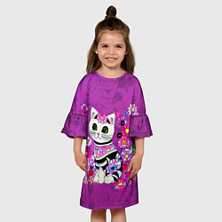 Платье клеш для девочки Зеленоглазый котенок в цветах, цвет: 3D-принт — фото 2