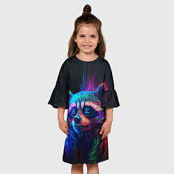 Платье клеш для девочки Енот в неоновой дымке, цвет: 3D-принт — фото 2