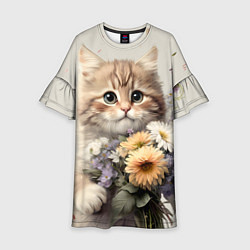 Платье клеш для девочки Котенок с полевыми цветами, цвет: 3D-принт