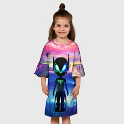 Платье клеш для девочки Детёныш пришельца - нейросеть - неон, цвет: 3D-принт — фото 2