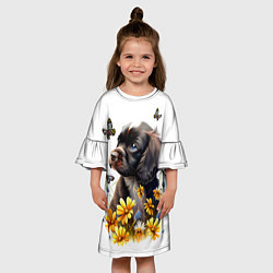 Платье клеш для девочки Черный щенок и жёлтые полевые цветы, цвет: 3D-принт — фото 2