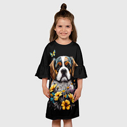 Платье клеш для девочки Бернский зенненхунд - щенок с цветами, цвет: 3D-принт — фото 2