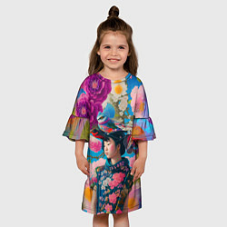 Платье клеш для девочки Девочка с птицами среди цветов - мскусство, цвет: 3D-принт — фото 2