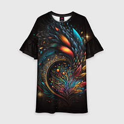 Платье клеш для девочки Абстрактные цветные перья, цвет: 3D-принт