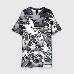 Платье клеш для девочки Иредзуми: Черно-белые волны, цвет: 3D-принт