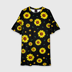 Платье клеш для девочки Желтые ромашки на черном, цвет: 3D-принт