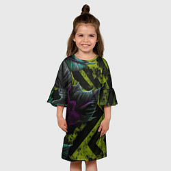Платье клеш для девочки Фиолетовый цветок и зеленые абстрактные листья, цвет: 3D-принт — фото 2