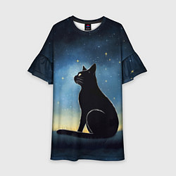 Платье клеш для девочки Черный кот и звезды - акварель, цвет: 3D-принт