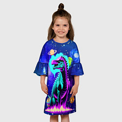 Платье клеш для девочки Динозавр в космосе - неоновое свечение, цвет: 3D-принт — фото 2