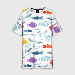 Платье клеш для девочки Рыбы и чайки, цвет: 3D-принт