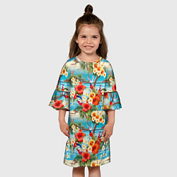 Платье клеш для девочки Светлый гавайский фон и цветы, цвет: 3D-принт — фото 2