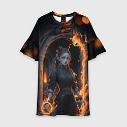 Платье клеш для девочки Готическая девушка с двумя косами огненная магия, цвет: 3D-принт
