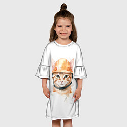 Платье клеш для девочки Акварельный кот в строительной каске, цвет: 3D-принт — фото 2