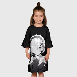 Платье клеш для девочки Рем из ре зеро - черно белый портрет, цвет: 3D-принт — фото 2