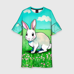 Платье клеш для девочки Заяц на лугу рисунок, цвет: 3D-принт