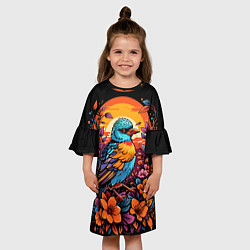 Платье клеш для девочки Тропическая птица и листья, цвет: 3D-принт — фото 2