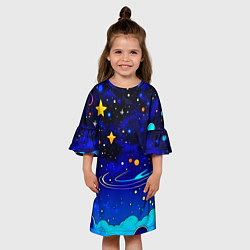 Платье клеш для девочки Мультяшный космос темно-синий, цвет: 3D-принт — фото 2