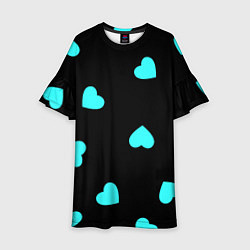 Платье клеш для девочки С голубыми сердечками на черном, цвет: 3D-принт