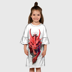 Платье клеш для девочки Красный дракон выглядывает из стены, цвет: 3D-принт — фото 2