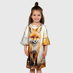 Платье клеш для девочки Лиса в осеннем лесу акварель, цвет: 3D-принт — фото 2