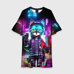 Платье клеш для девочки Cool kitten - cyberpunk - neon glow, цвет: 3D-принт