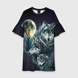 Платье клеш для девочки Вольчья стая и луна, цвет: 3D-принт