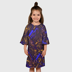 Платье клеш для девочки Киберпанк линии синий и жёлтый, цвет: 3D-принт — фото 2