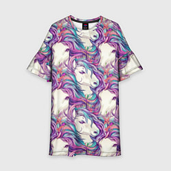 Платье клеш для девочки Морды лошади фиолетовый паттерн, цвет: 3D-принт