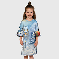 Платье клеш для девочки Новогодний снеговик с шарфом, цвет: 3D-принт — фото 2