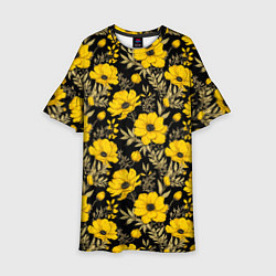 Платье клеш для девочки Желтые цветы на черном фоне паттерн, цвет: 3D-принт