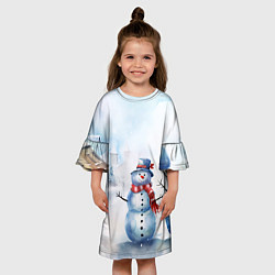 Платье клеш для девочки Новогодний день со снеговиком, цвет: 3D-принт — фото 2