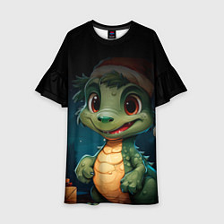 Платье клеш для девочки Новогодний зеленый дракончик, цвет: 3D-принт