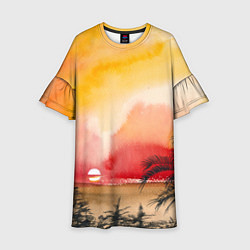 Платье клеш для девочки Тропический закат акварель, цвет: 3D-принт