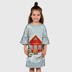 Платье клеш для девочки Красный дом в зимнем лесу, цвет: 3D-принт — фото 2