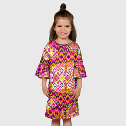 Платье клеш для девочки Розовый орнамент имитация ткань икат, цвет: 3D-принт — фото 2